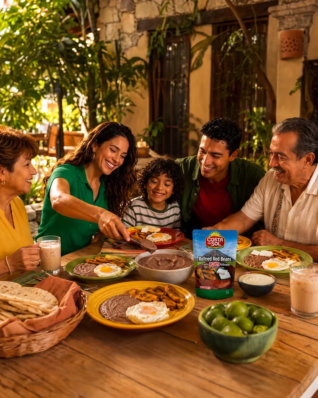 Familia desayunando en el patio con frijoles rojos volteados CostadelSol, huevos, plátanos fritos y horchata