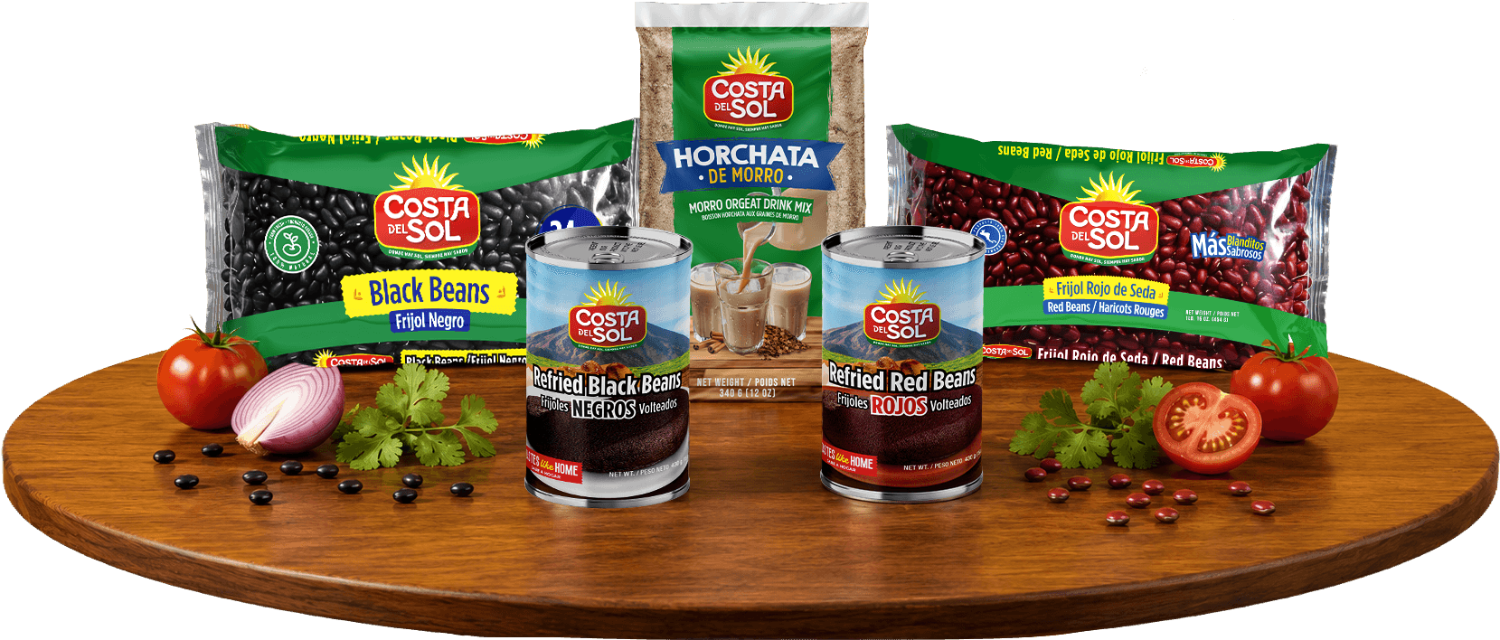 Productos CostadelSol sobre una mesa de madera: frijoles negros, frijol rojo de seda, frijoles volteados y horchata de morro